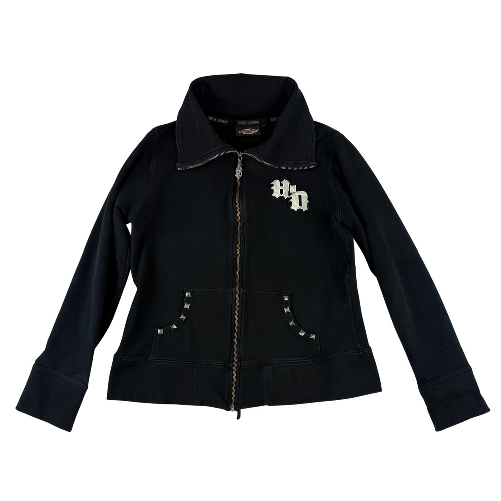 Harley Davidson Full Zip Jacket Womens XL Black Studded Embroidered Gothic Logo